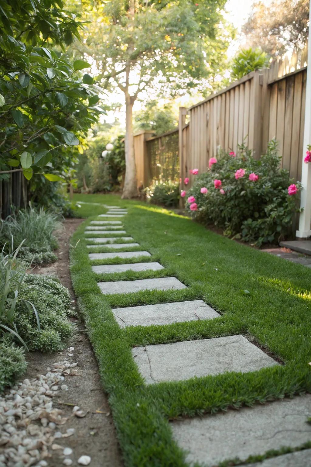 Faux grass stepping stones bring greenery without the maintenance.