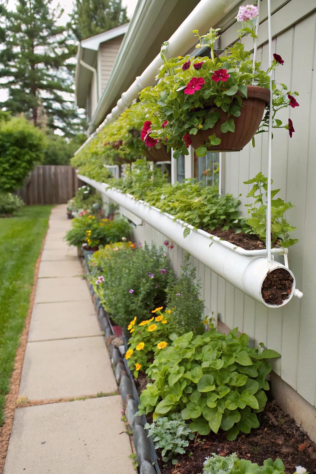 Repurposed vinyl gutters add a creative touch to vertical gardening.