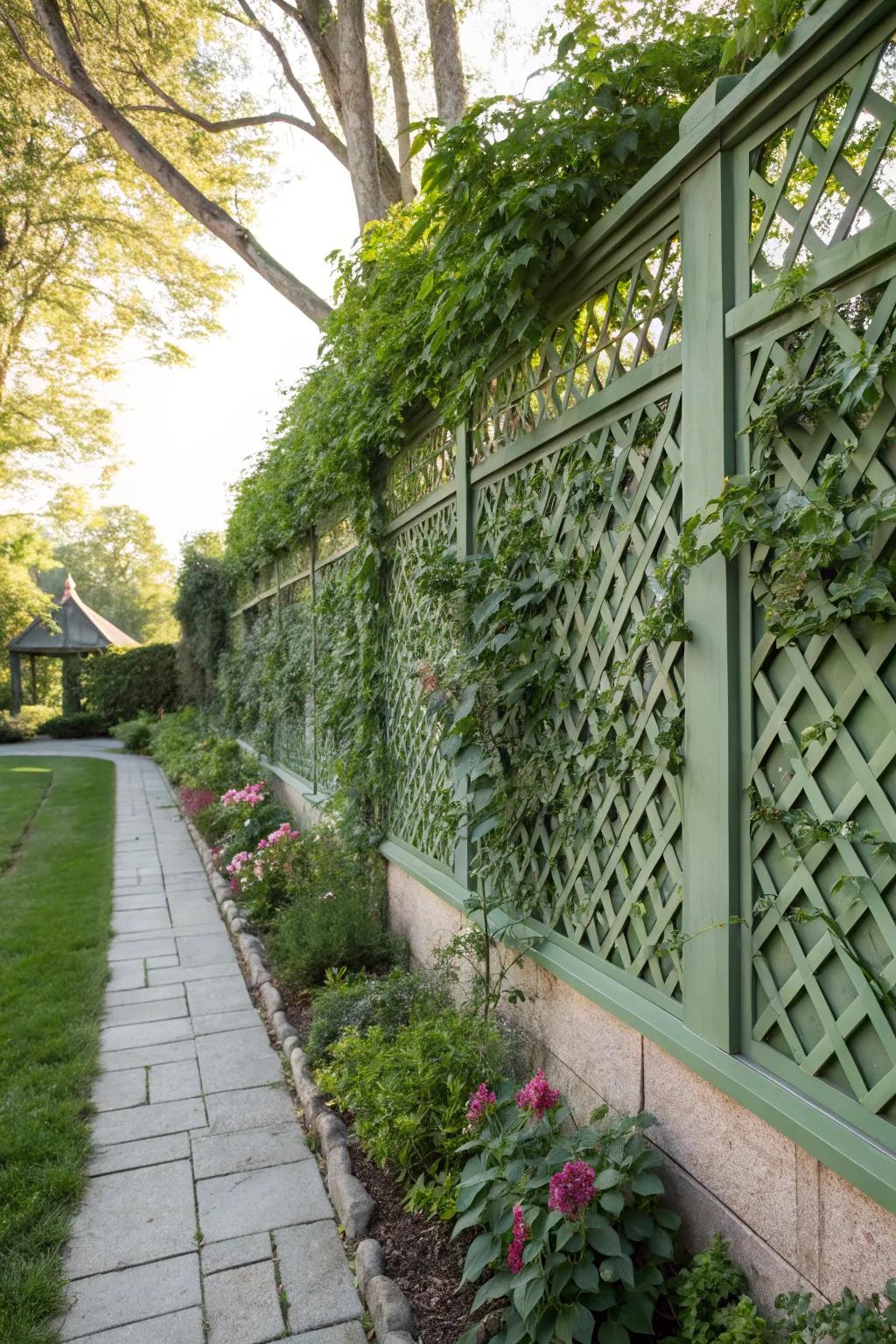 A lattice green wall creates a living backdrop for your garden.