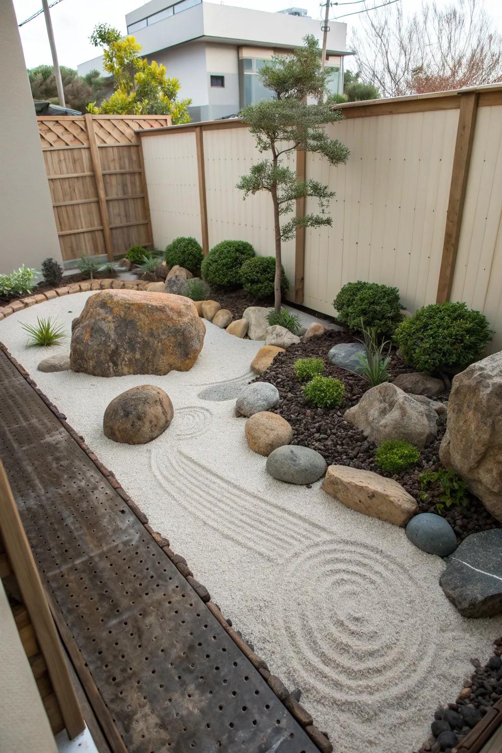 A simple Zen garden brings peace and tranquility to small spaces.