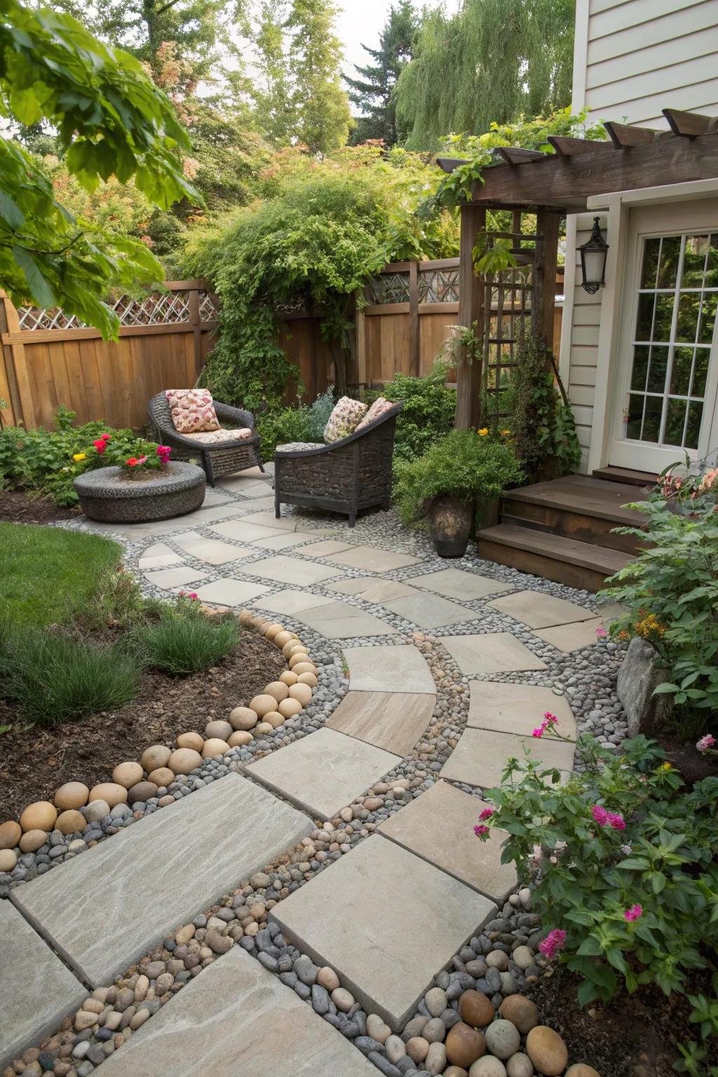 Pebbles bring a natural accent to your paver design.