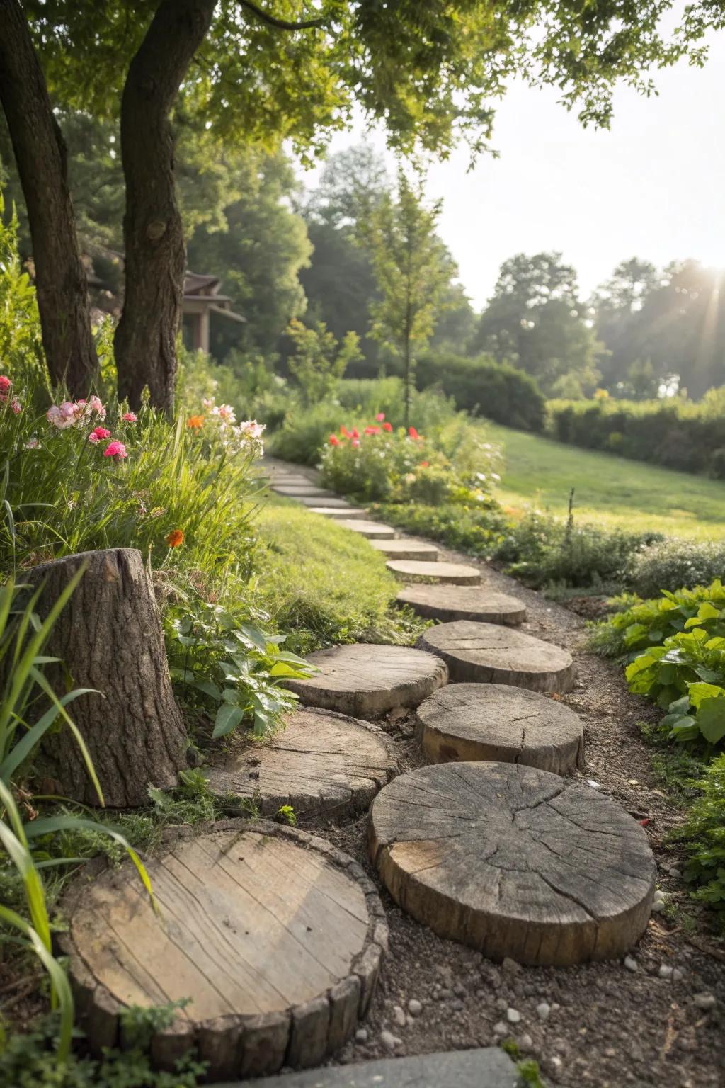 Wooden log steppers offer rustic charm.