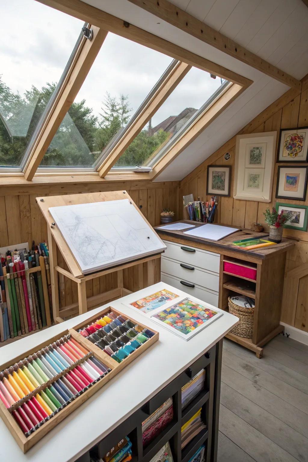 A bright and inspiring craft studio shed for creative endeavors.