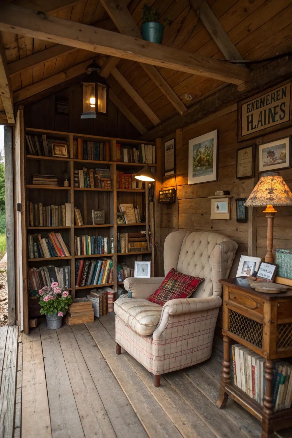 A rustic reading nook shed, perfect for escaping into a good book.