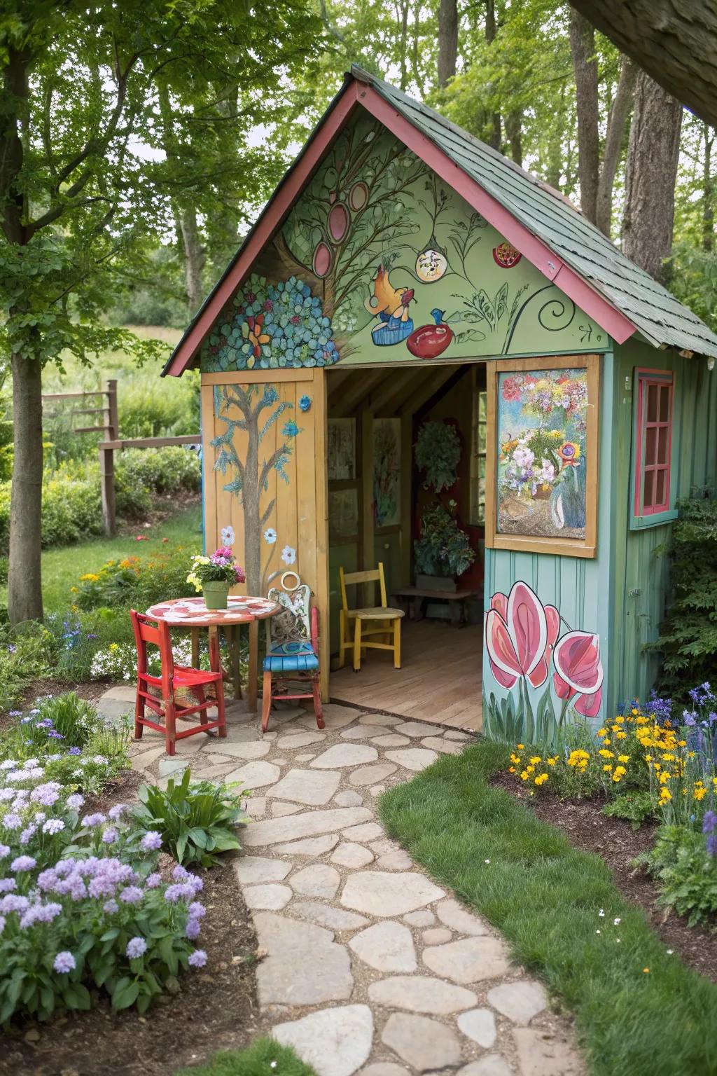 A whimsical playhouse shed for endless childhood adventures.