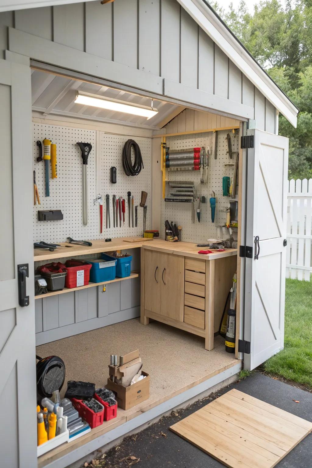 A well-organized workshop shed for all your DIY needs.