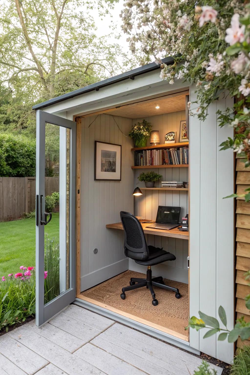 A serene home office shed for focused, productive work.