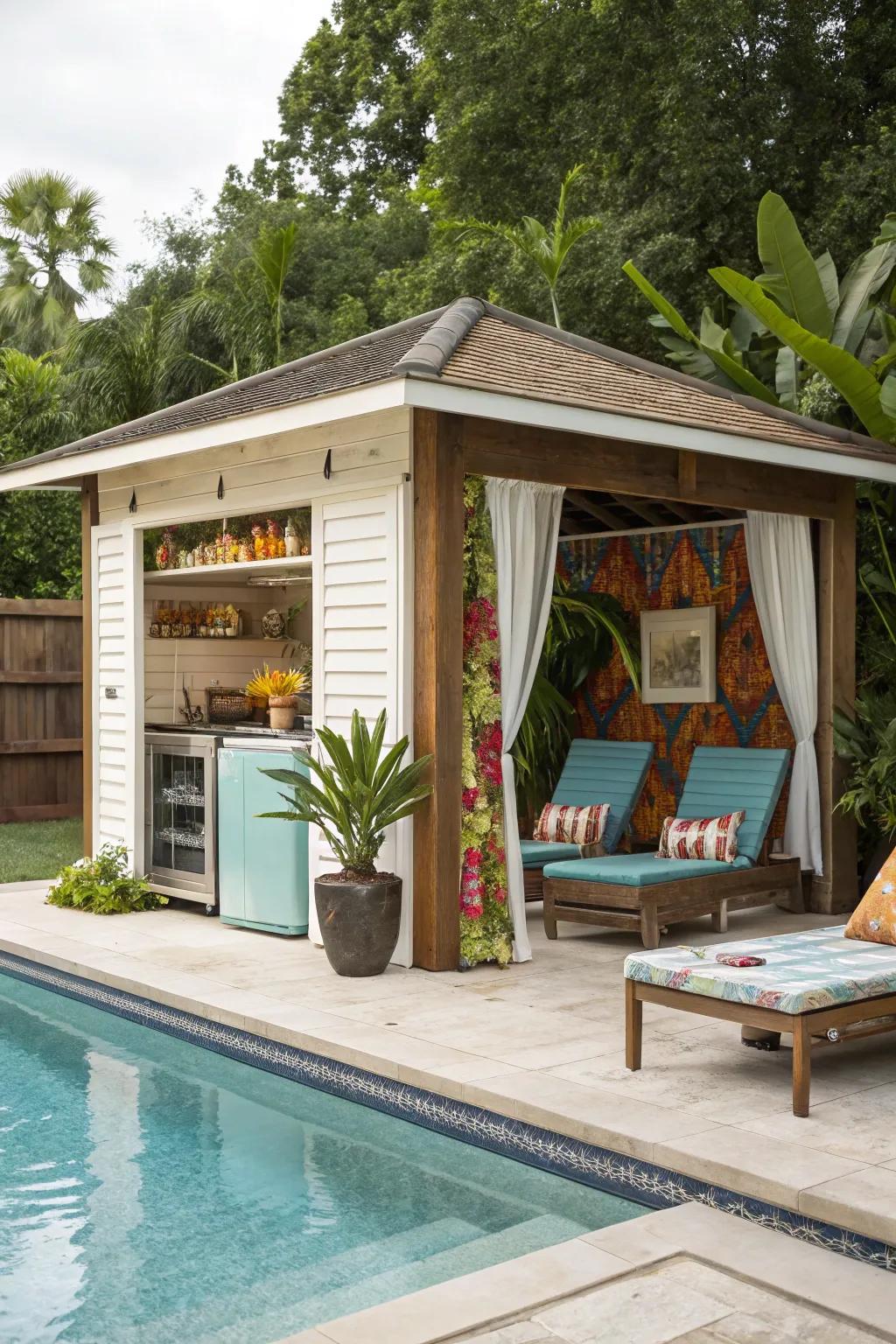 A luxurious poolside cabana shed for ultimate relaxation.