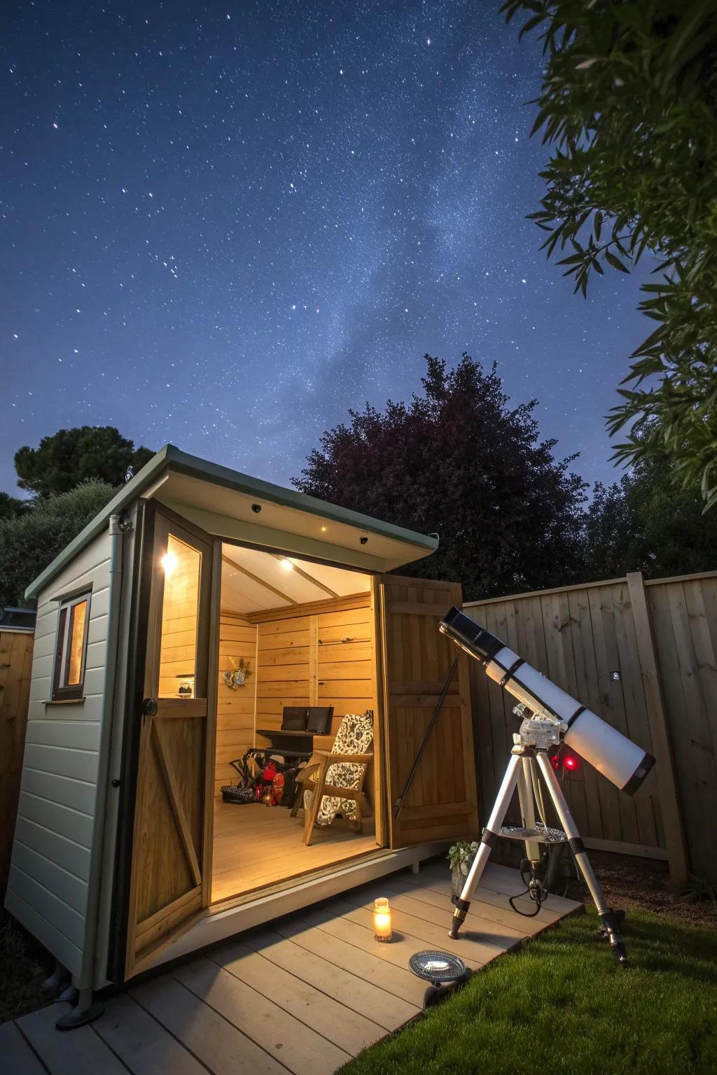 A celestial backyard observatory shed for stargazing enthusiasts.