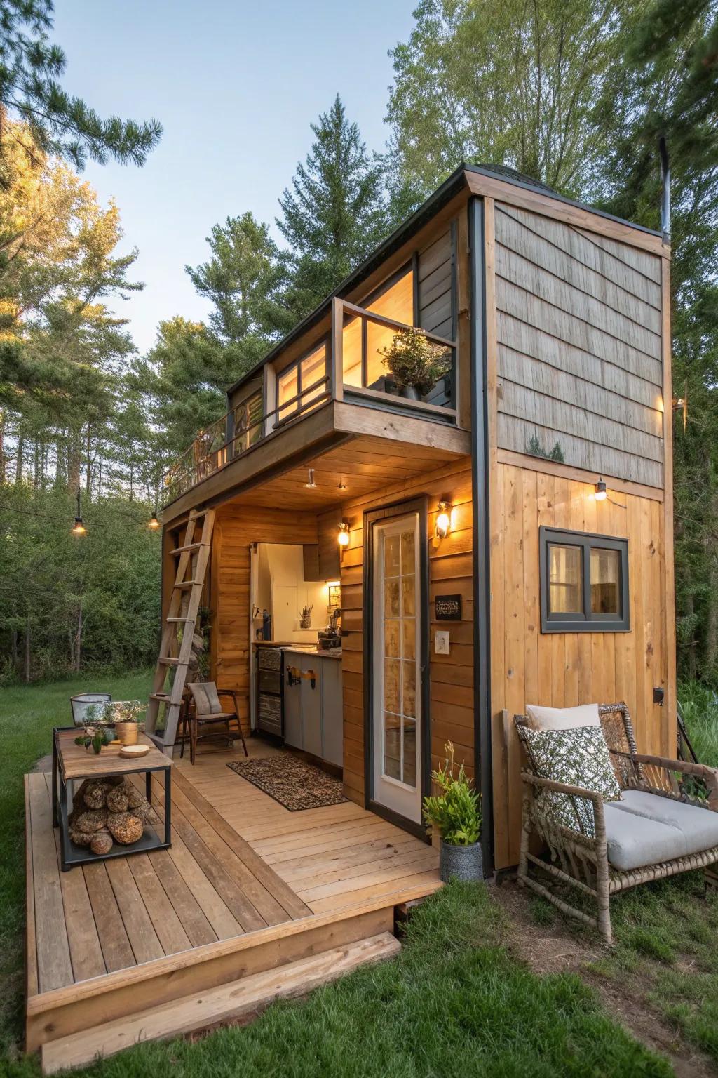 A welcoming tiny house shed for cozy getaways.