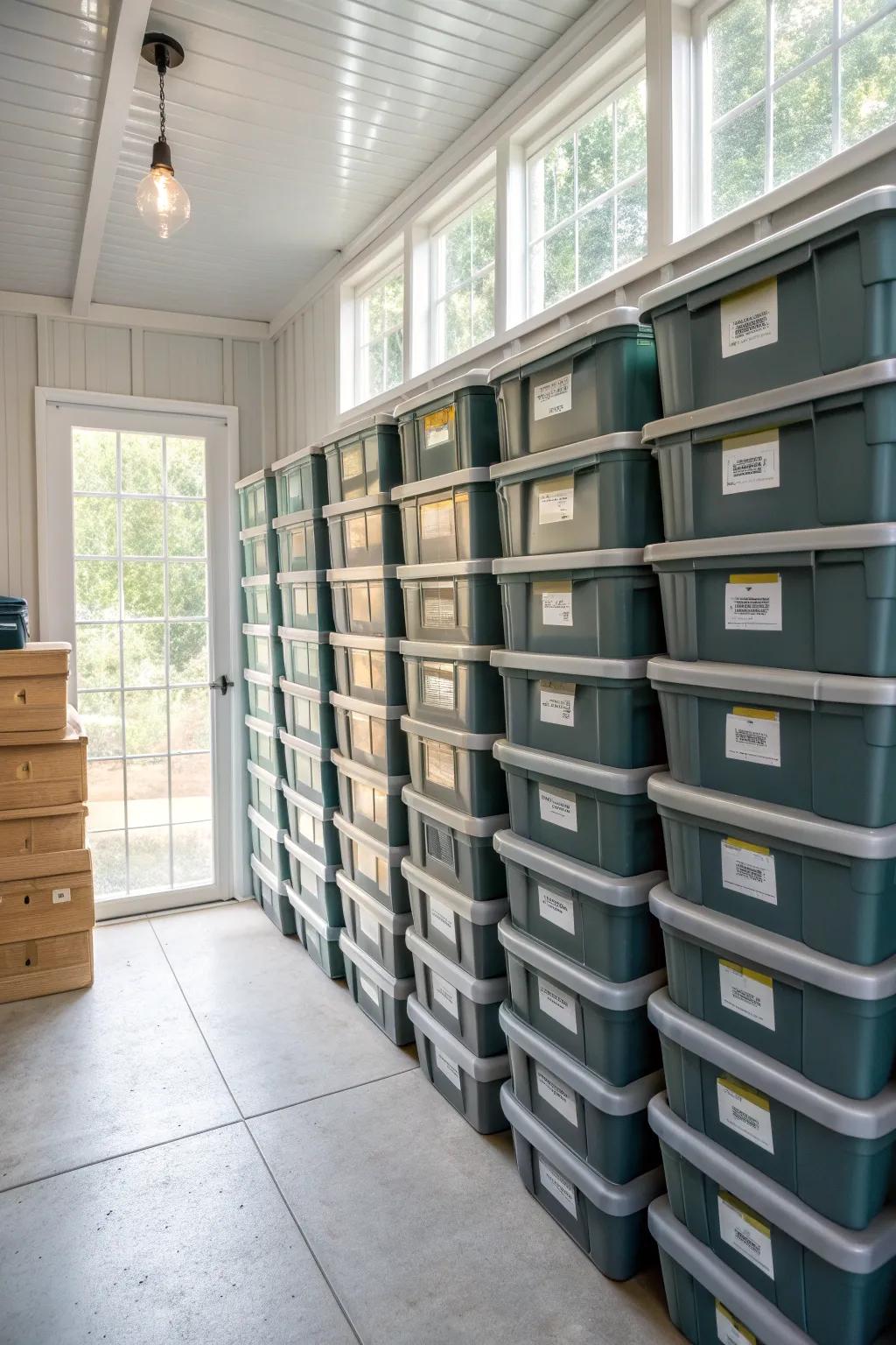 Stacked bins in a shed, each labeled for easy identification.
