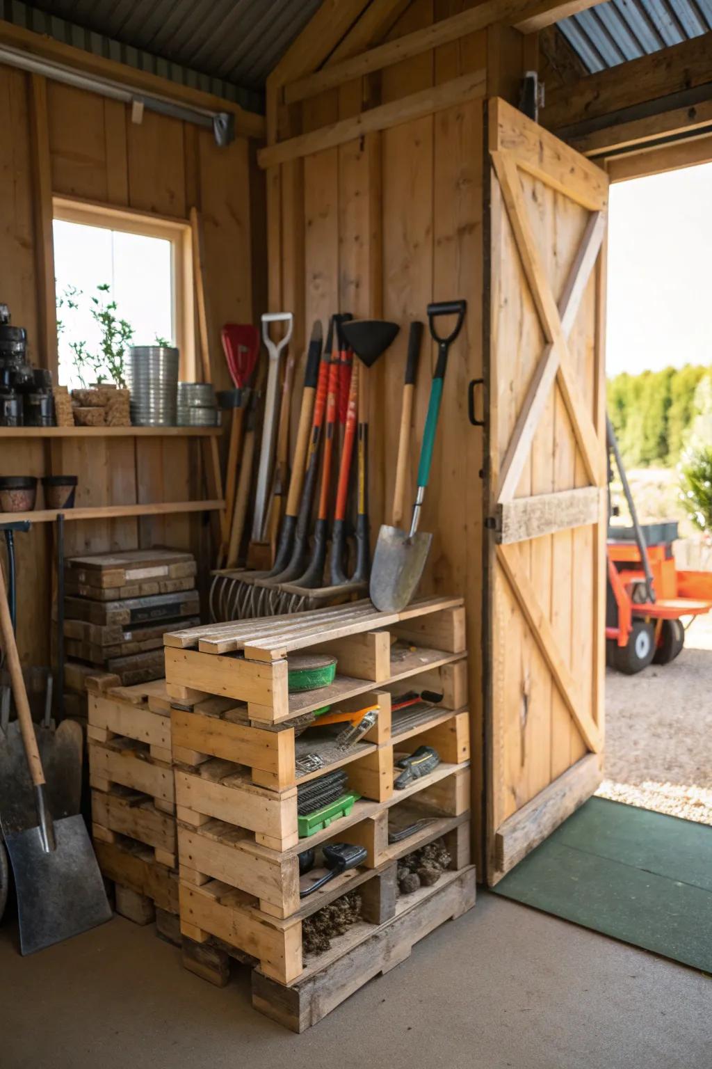 Pallets repurposed for organizing garden tools in a shed.