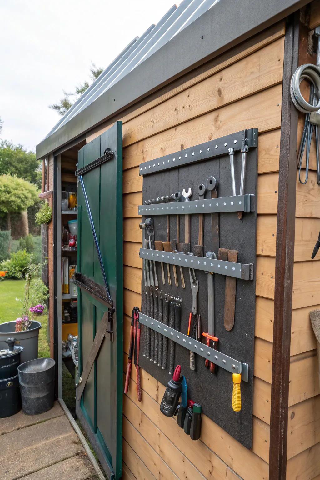 Magnetic strips used to organize metal tools in a shed.