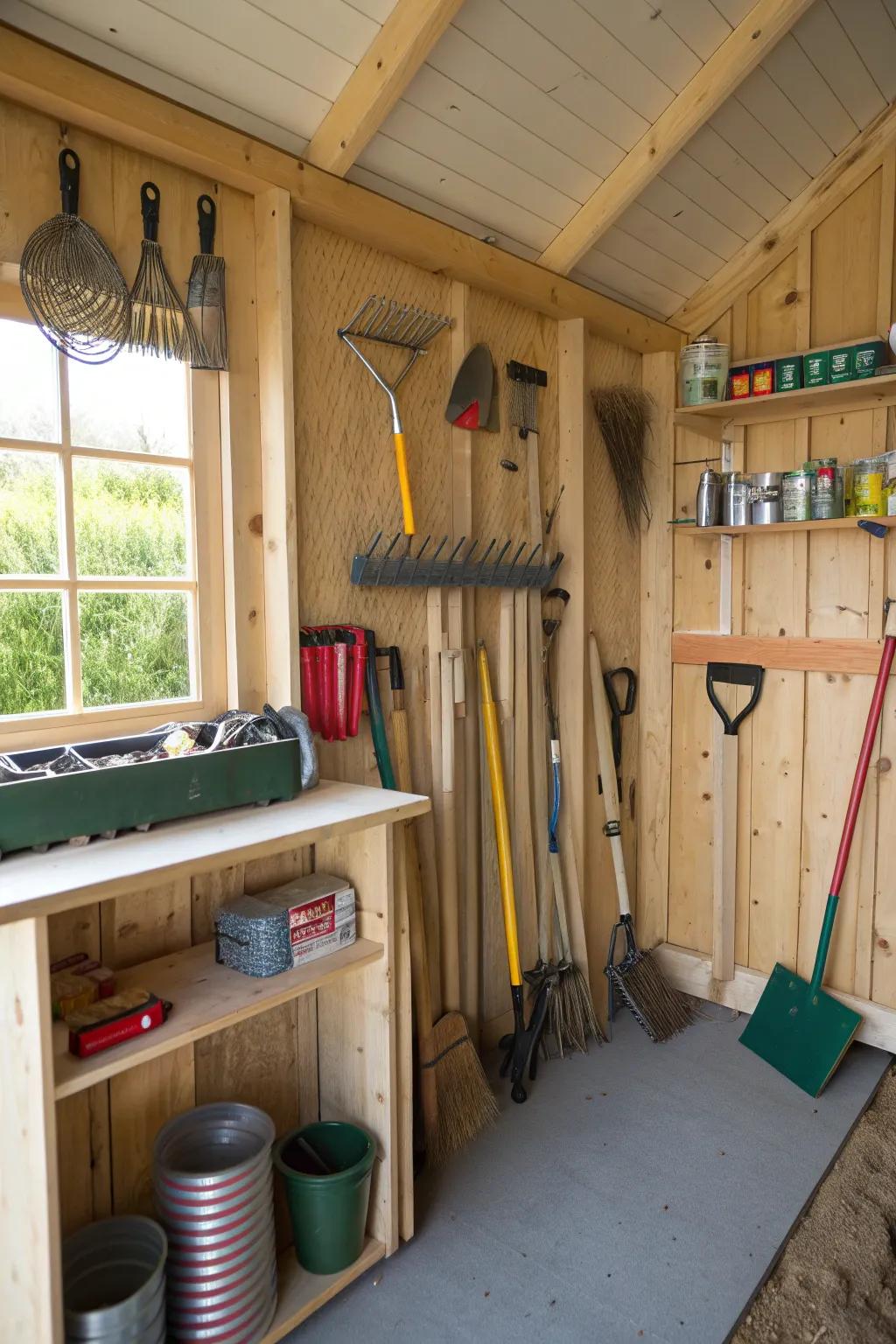 Garden tools neatly organized in a dedicated shed corner.