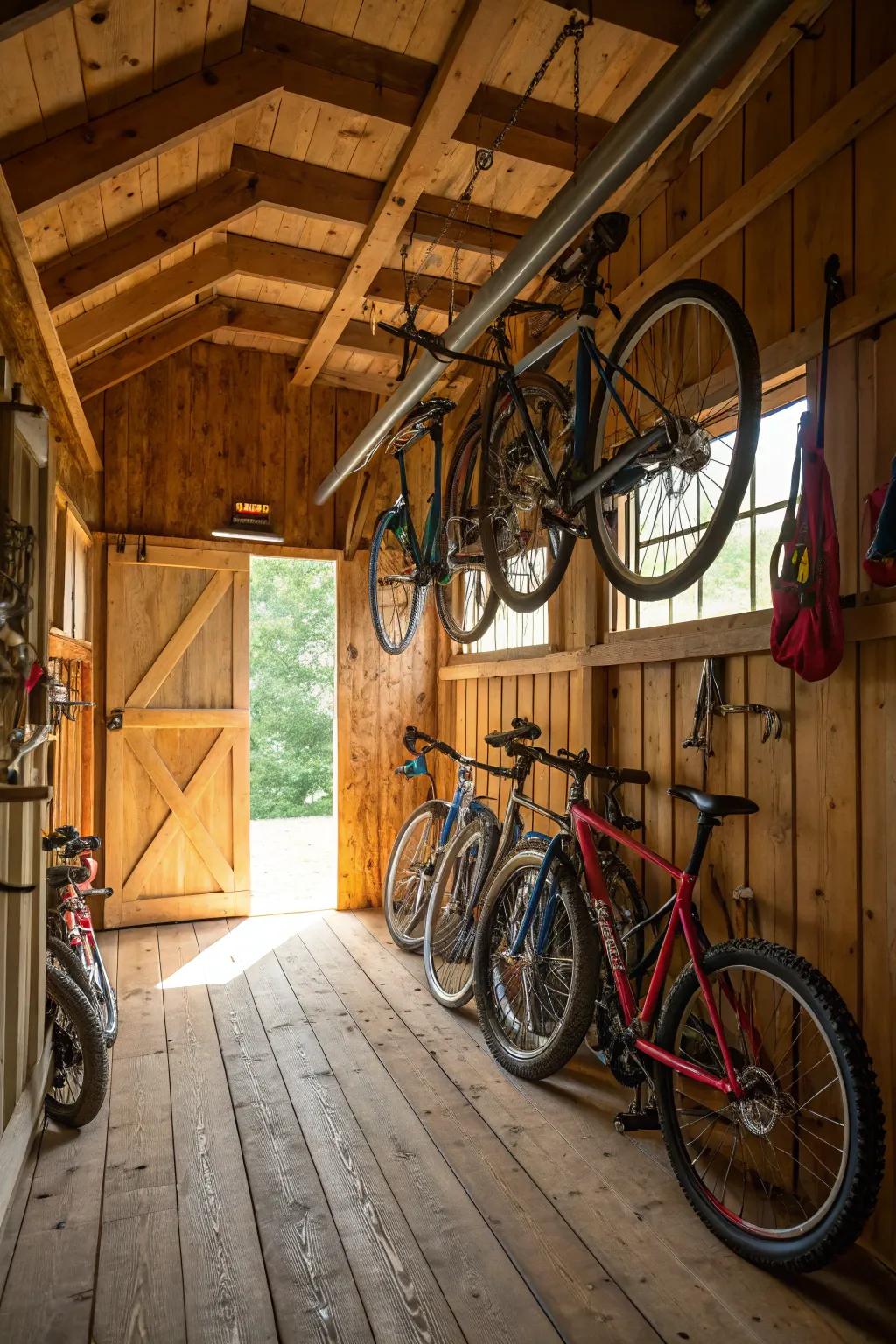 Bicycles hung from ceiling hooks to maximize shed space.