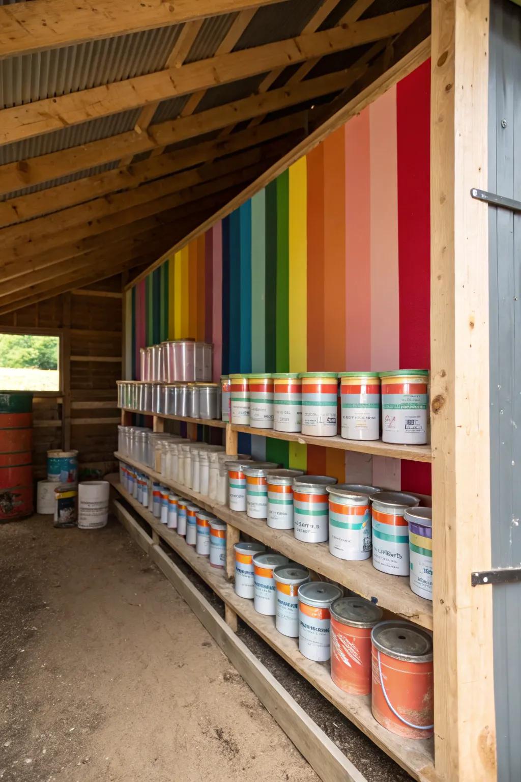 Paint cans stored neatly with color stripes for easy identification.