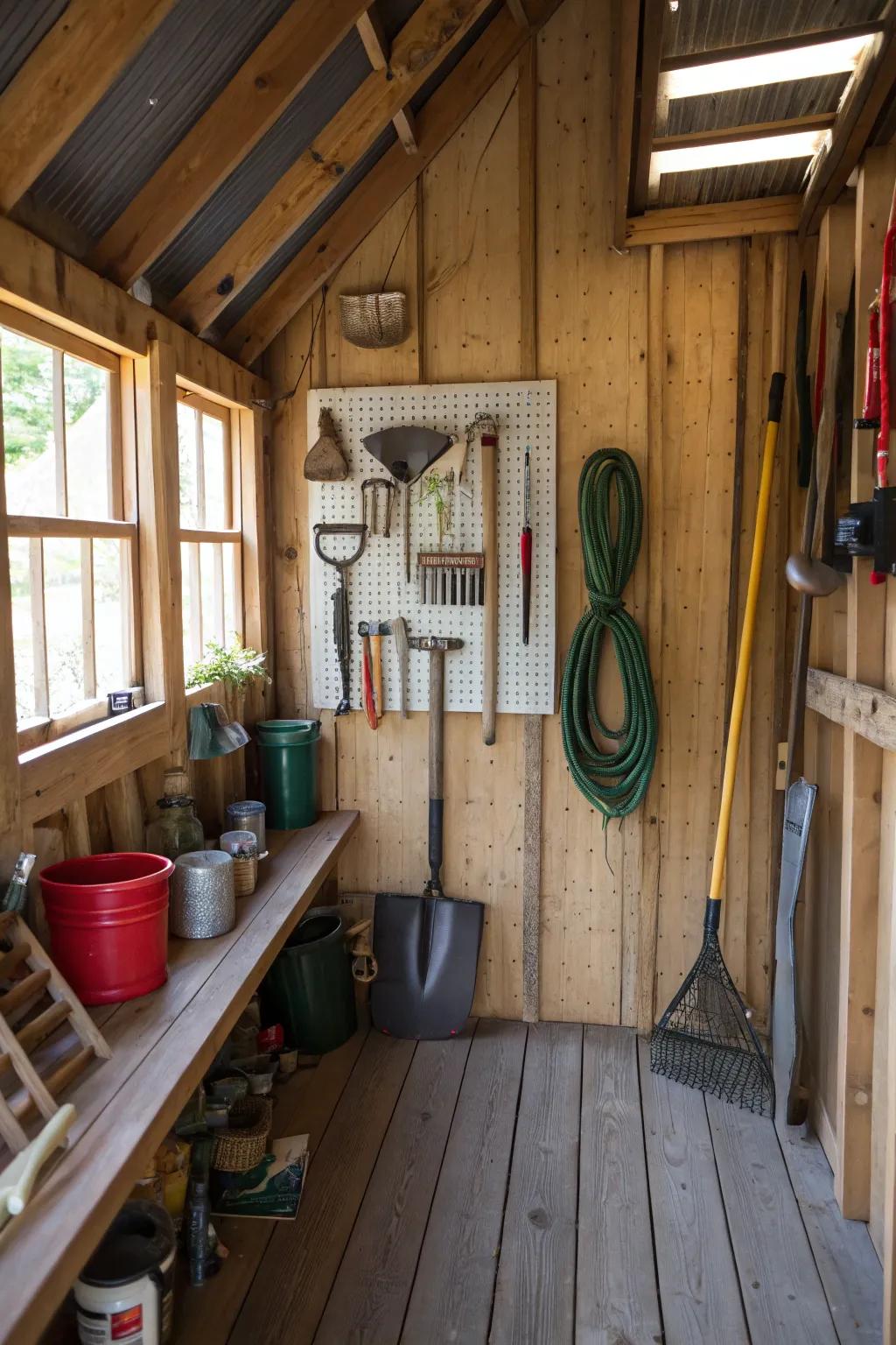 A pegboard wall displaying tools for easy access and organization.