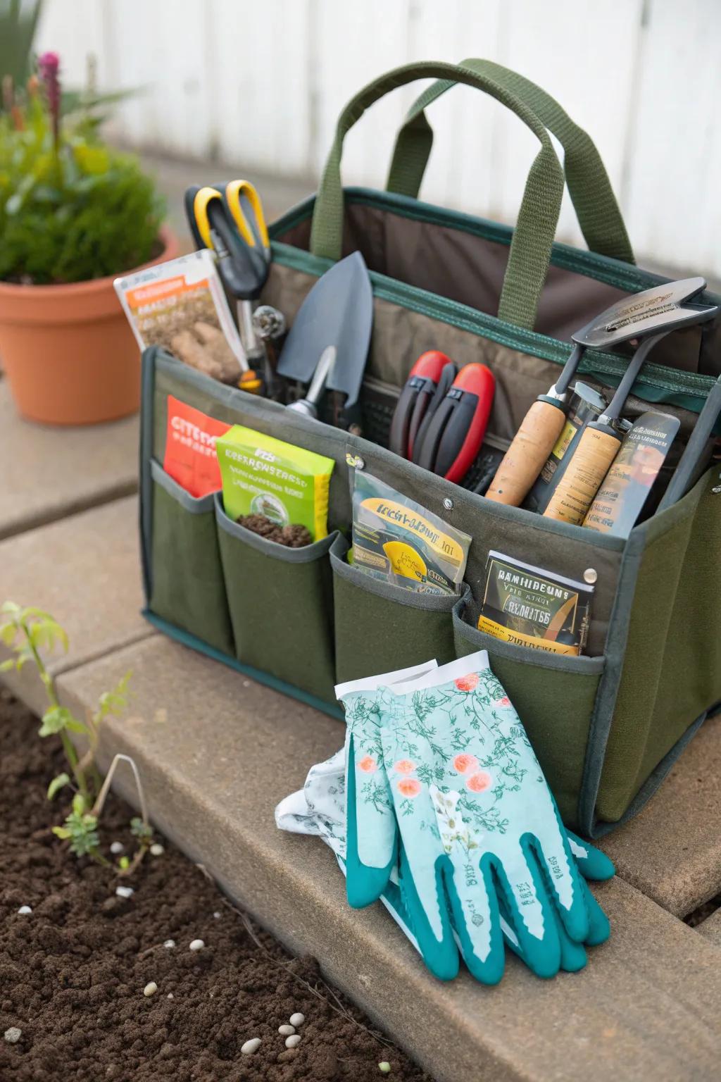 A portable gardening tote filled with essentials for quick access.