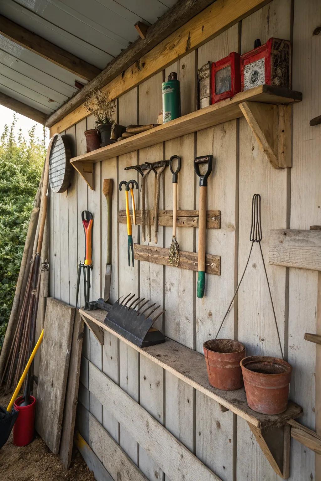 Wall-mounted shelves and hooks in a shed, perfectly organizing tools.