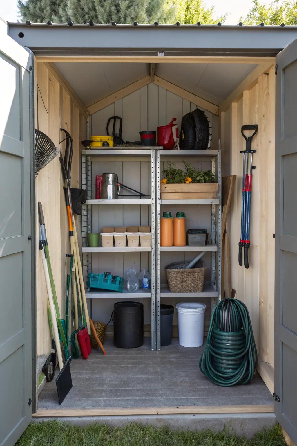 Adjustable shelves in a shed holding a variety of items.