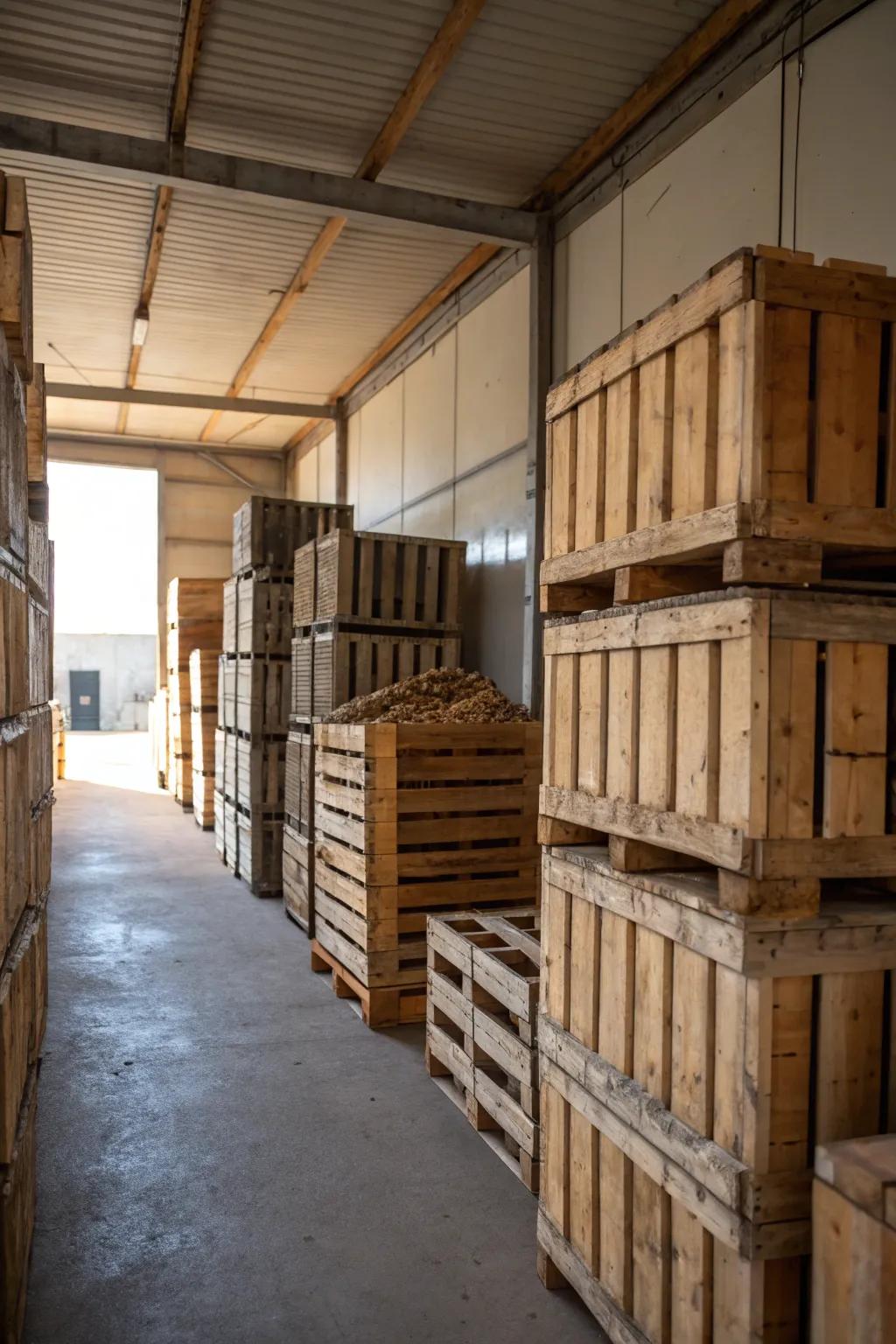 Wooden crates stacked in a shed, enhancing storage and style.
