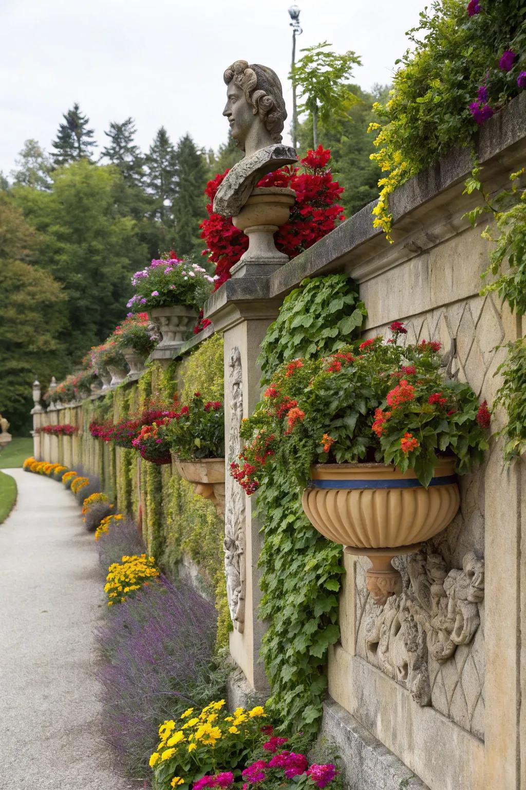 A garden wall with creative decorative touches.