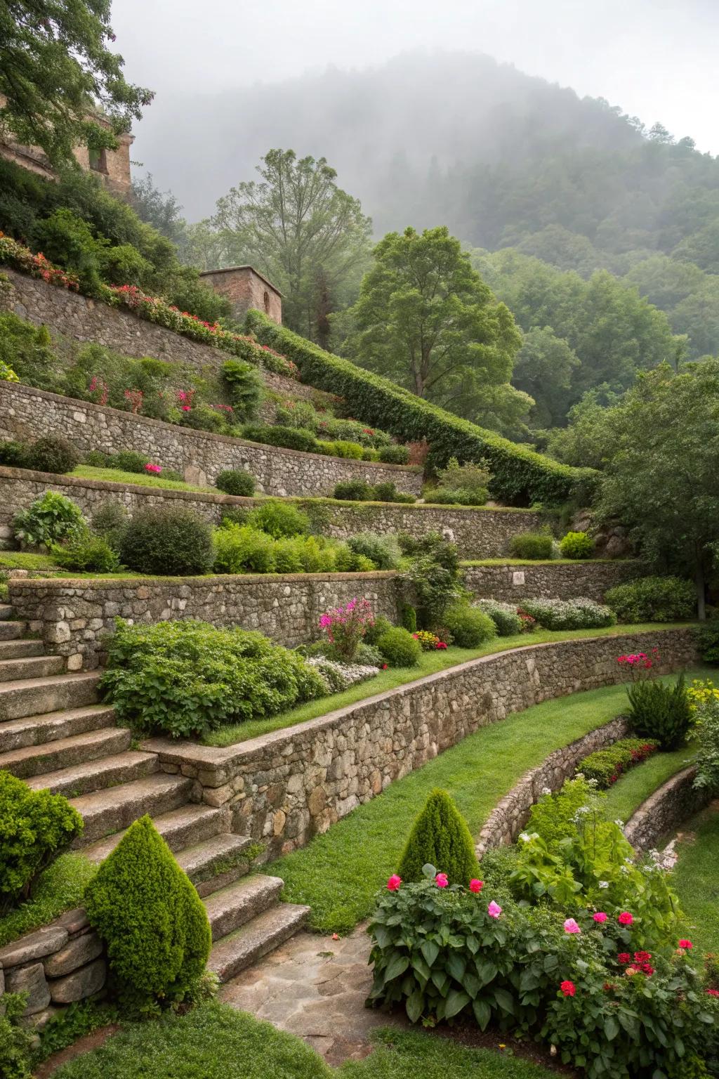 A terraced garden wall creating beautiful layers of greenery.