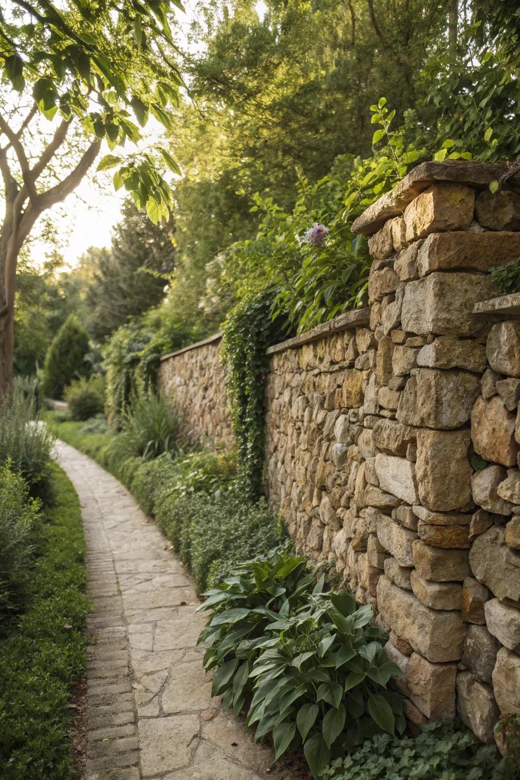 A charming garden wall crafted from natural stones.