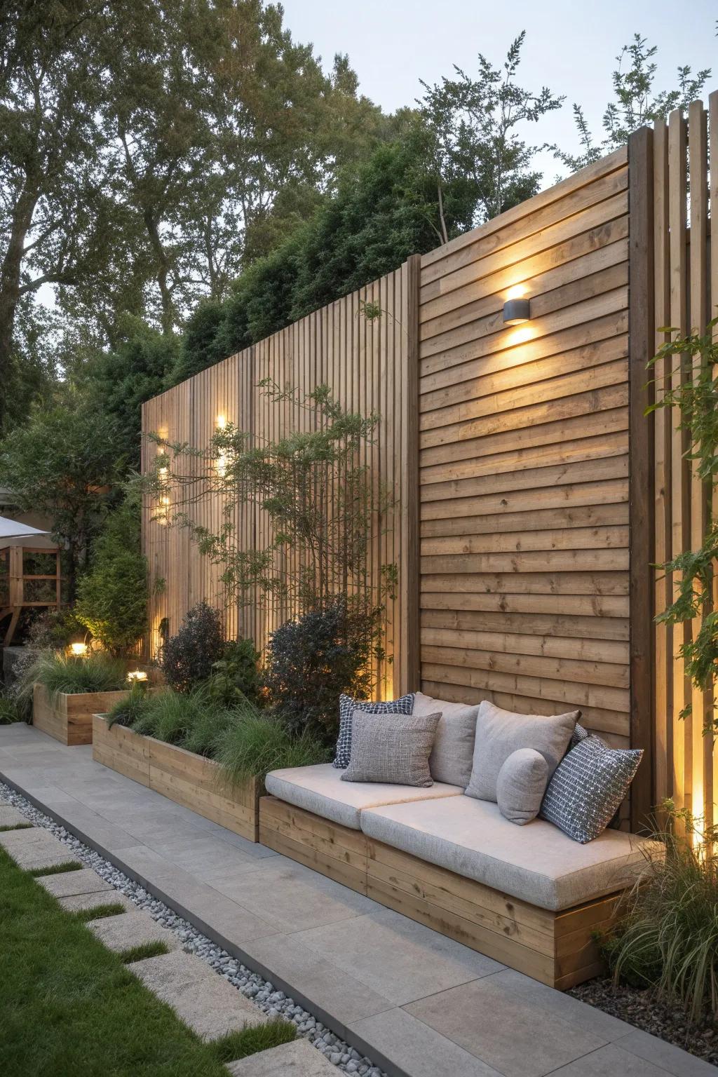 A contemporary garden wall featuring elegant wooden panels.