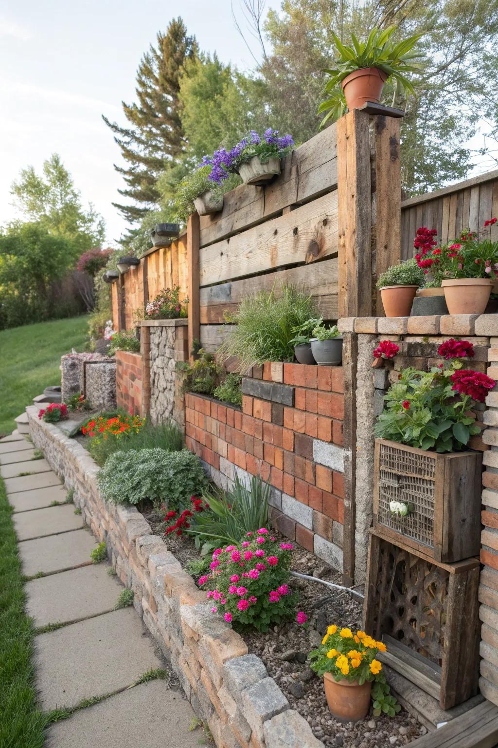 A creative DIY garden wall using upcycled materials.