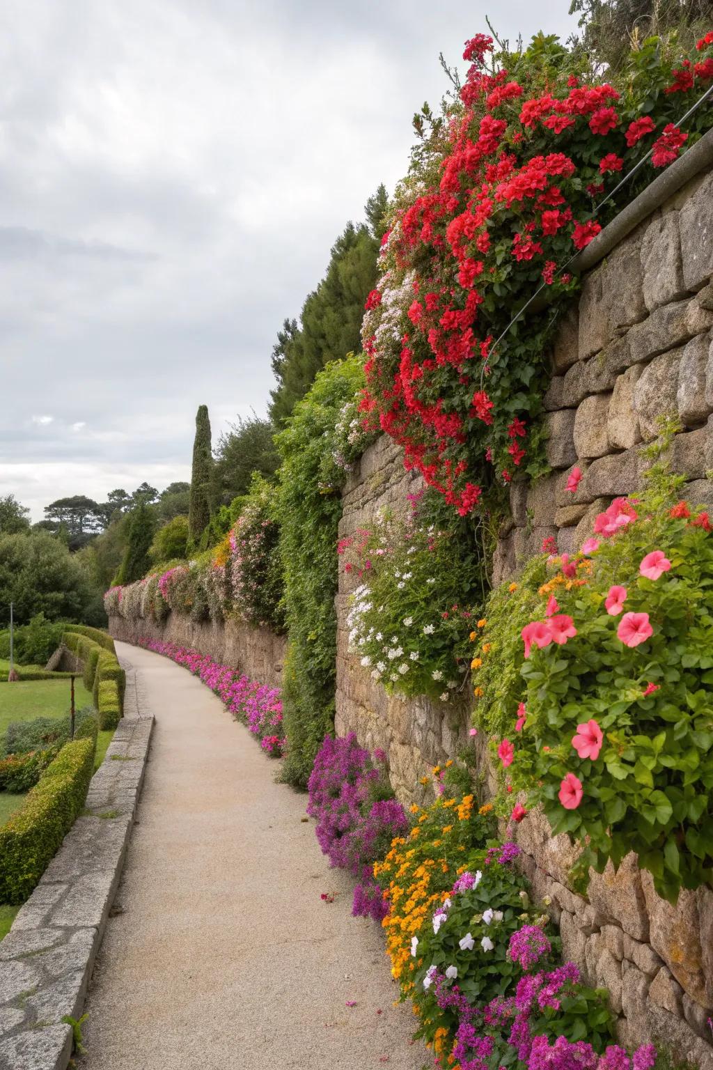 A garden wall displaying a variety of seasonal blooms.