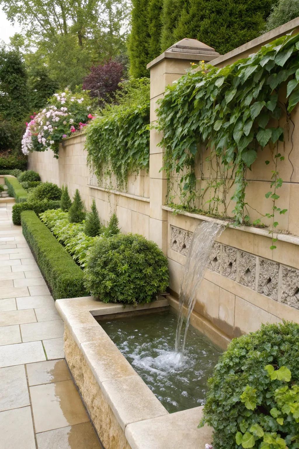 A garden wall featuring a tranquil water element.