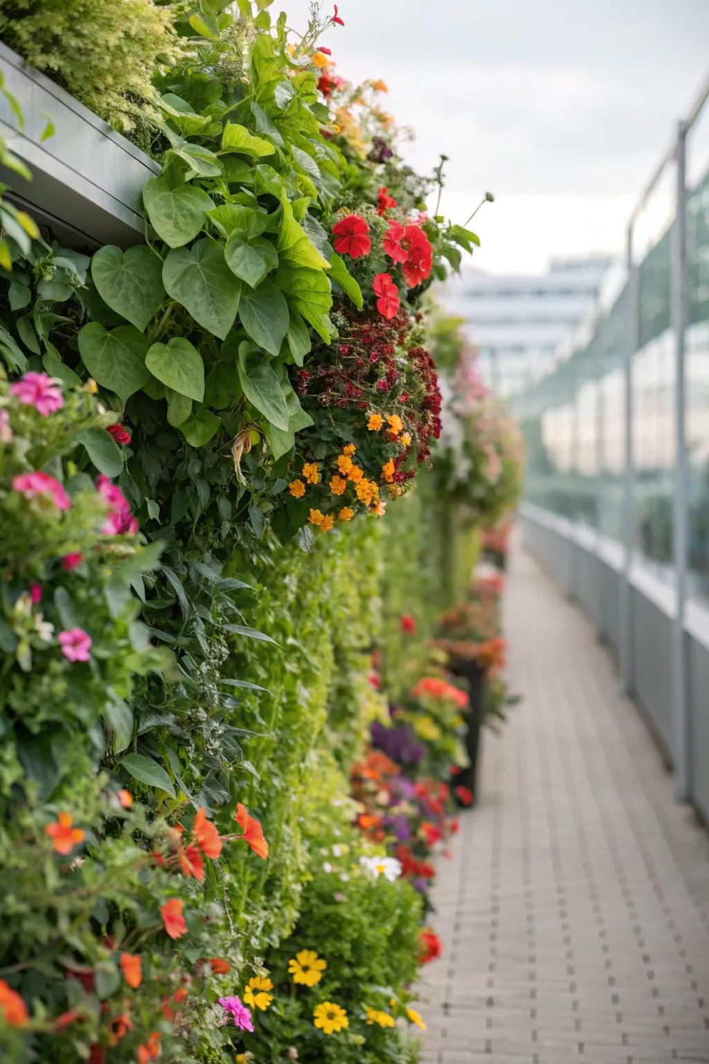 A vibrant vertical garden bursting with life.