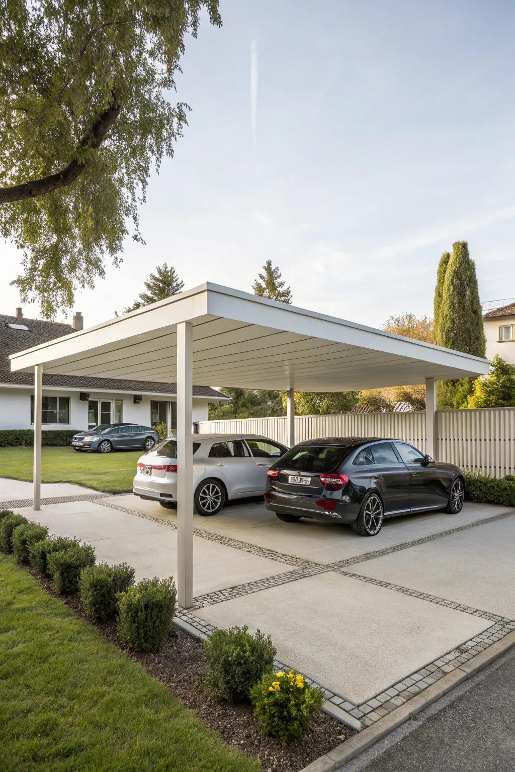 A minimalist flat roof carport in a suburban neighborhood.