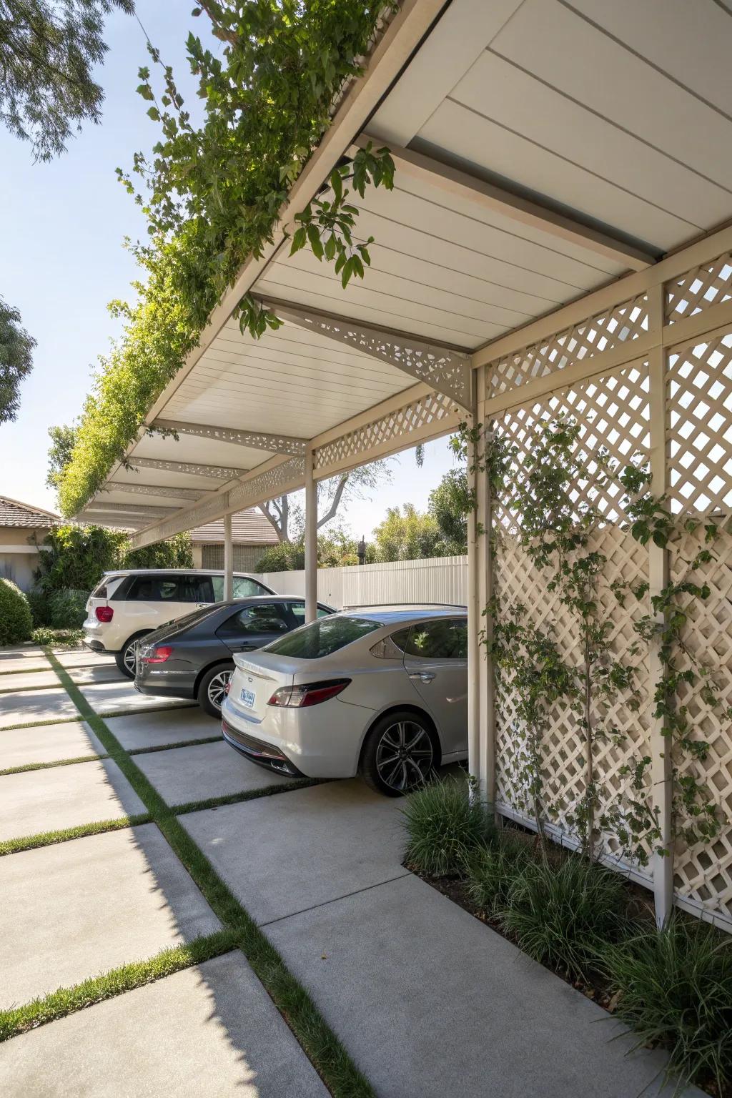 A carport with an elegant privacy wall addition.