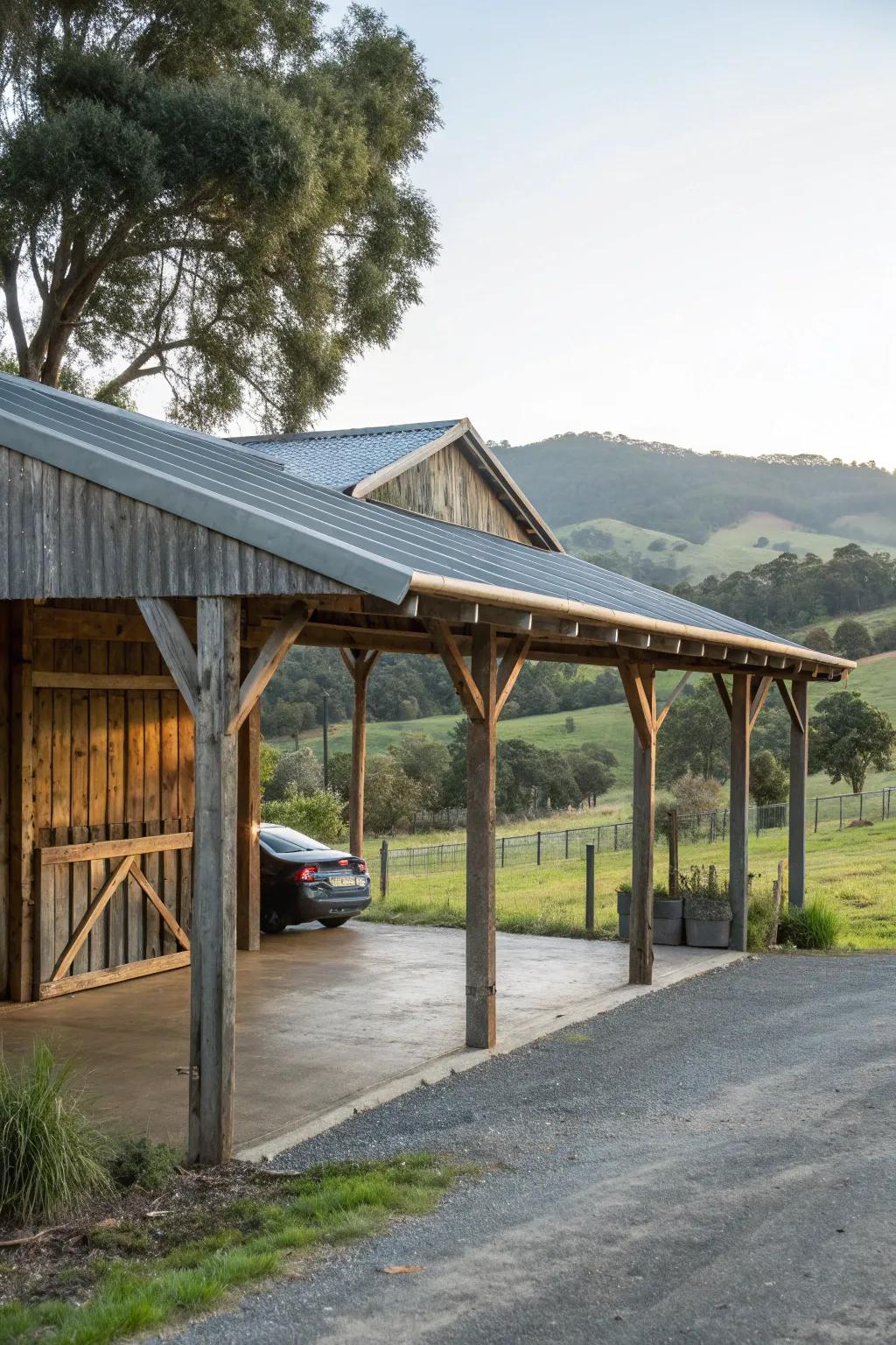 A rustic carport crafted from reclaimed barn materials.