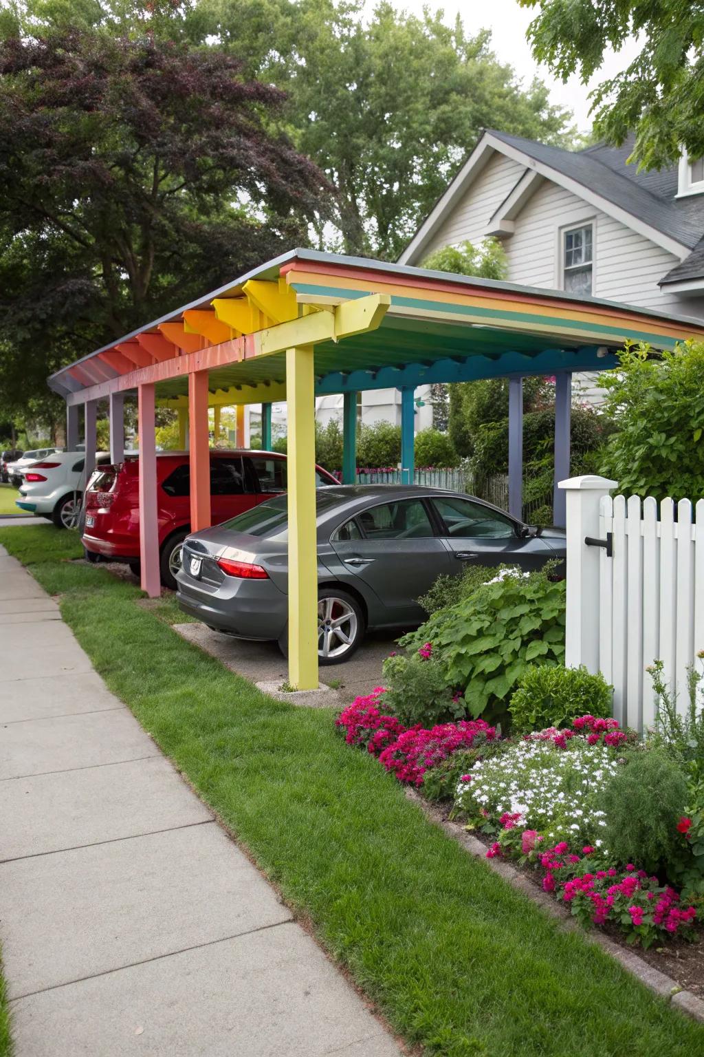 A vibrant and colorful carport that stands out.
