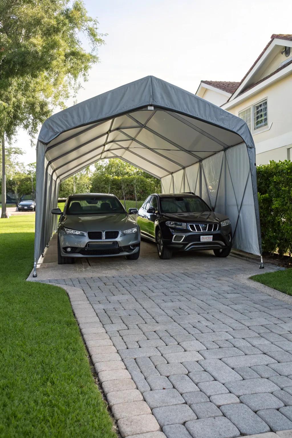 A versatile portable tent carport for temporary use.