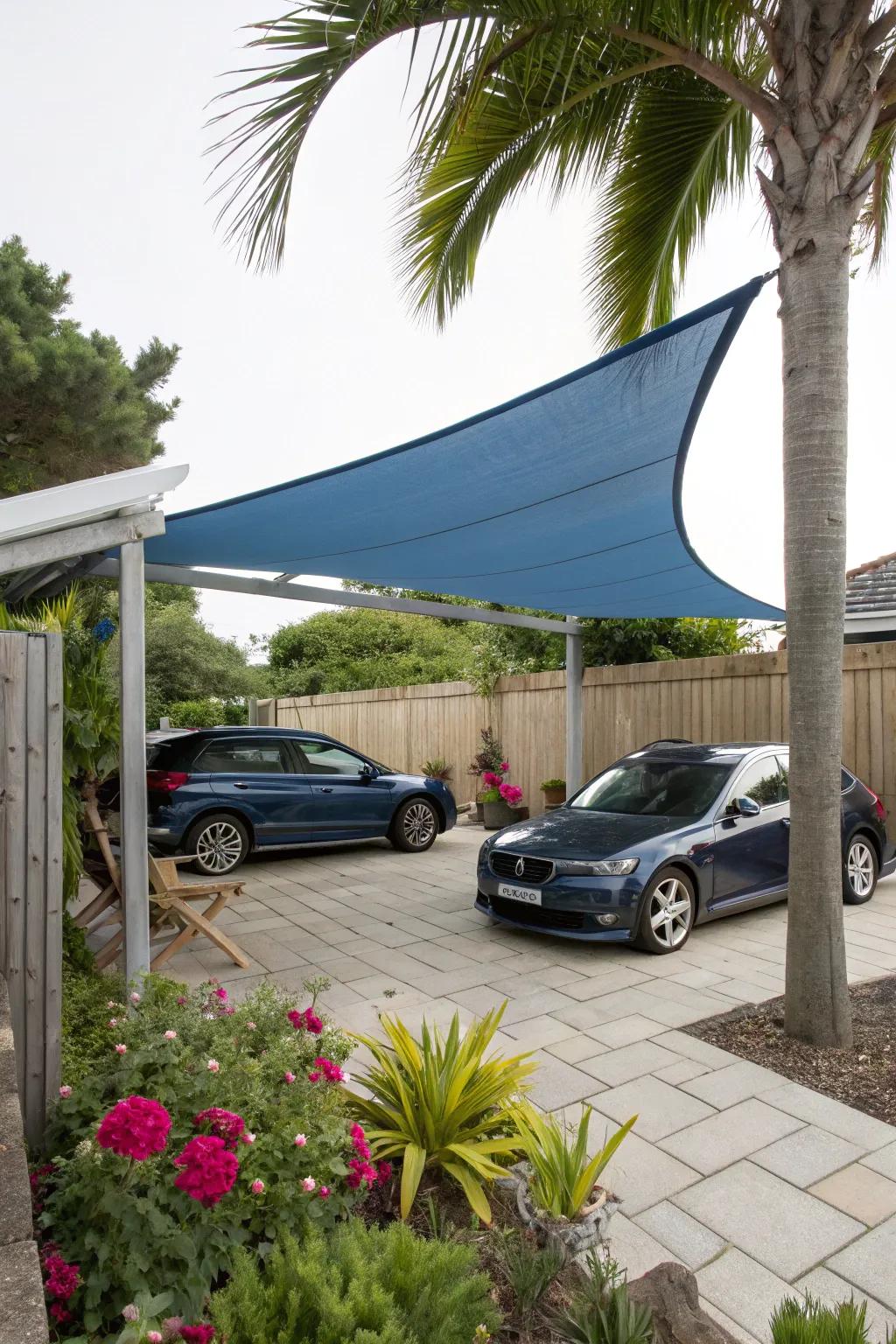 A coastal-inspired carport with a breezy shade sail.
