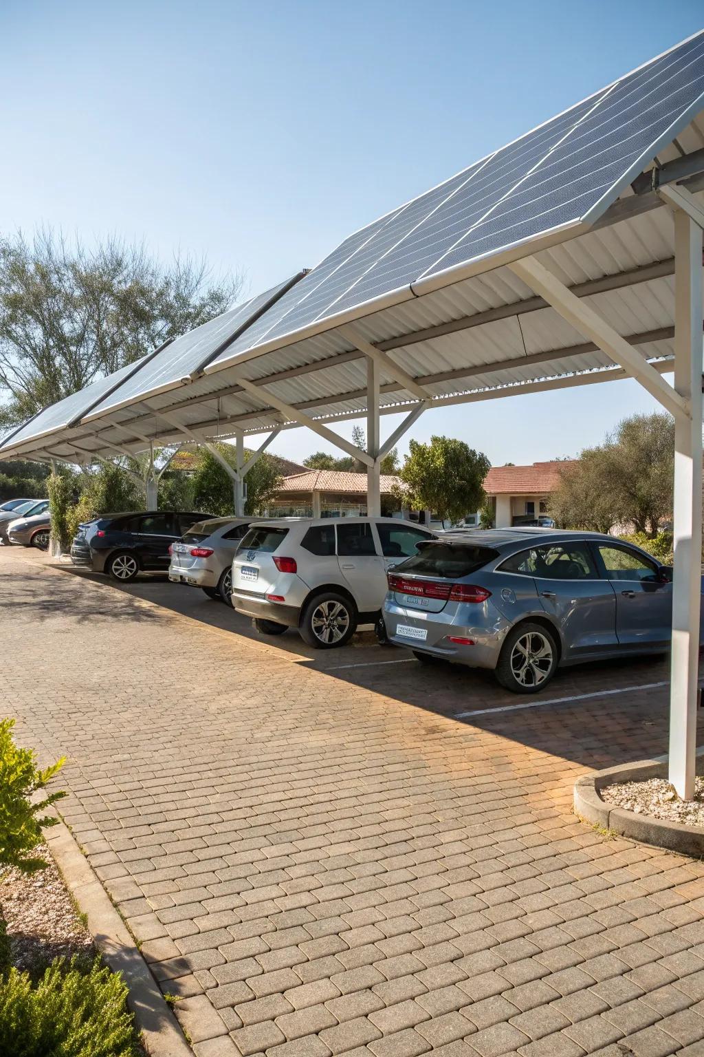An eco-friendly carport with solar panel roofing.