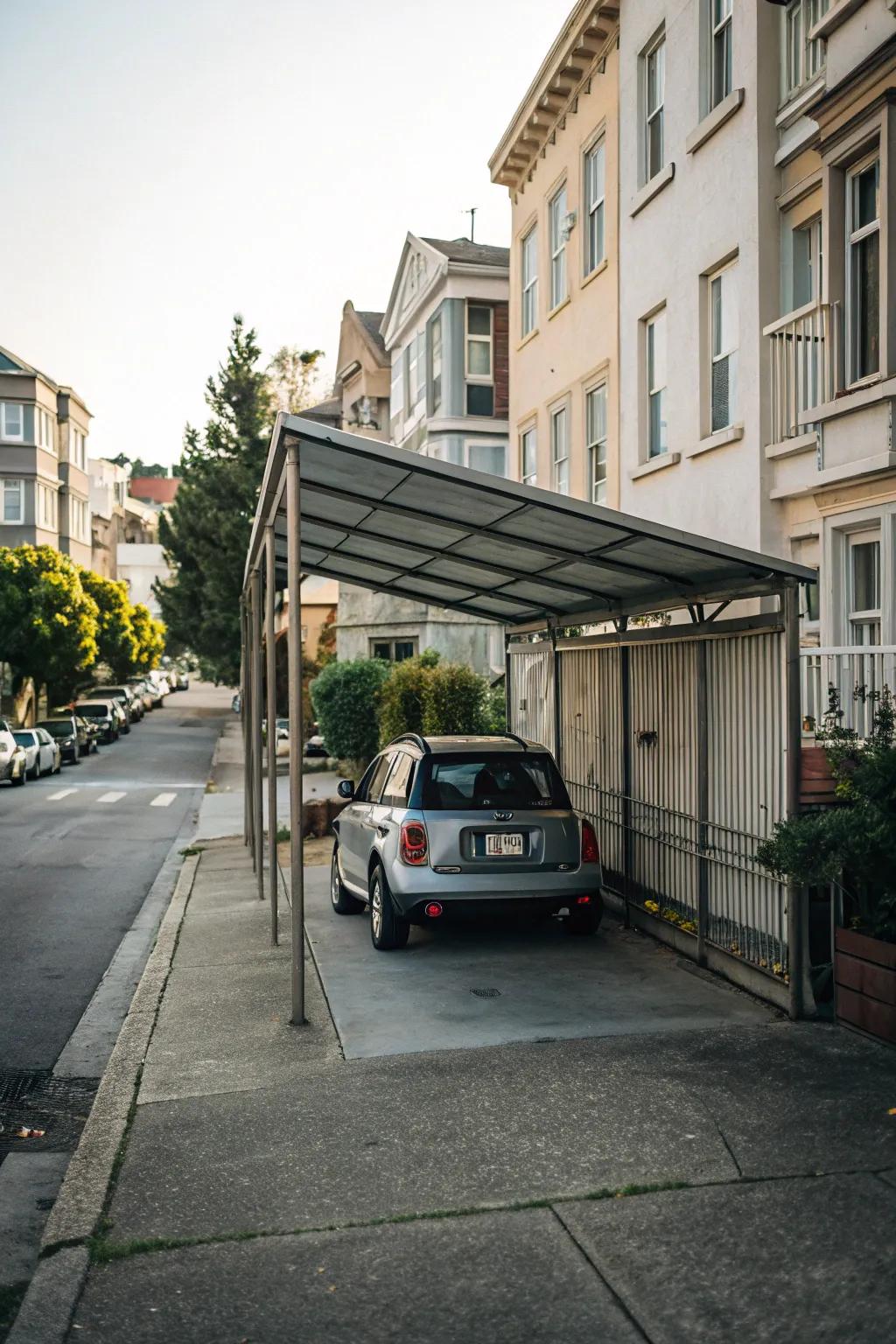 A space-efficient single-car carport in an urban setting.