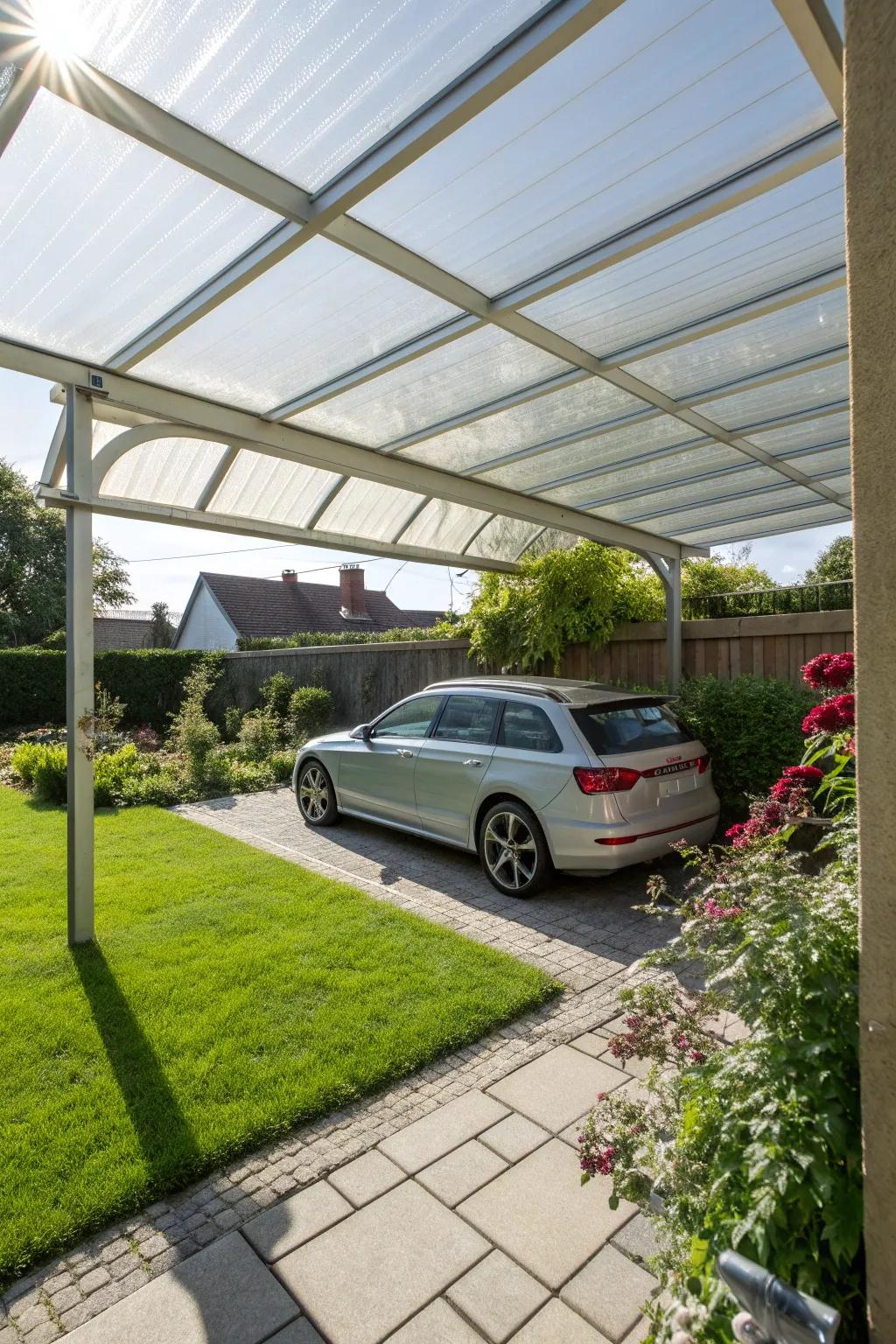A bright carport with transparent roof panels.