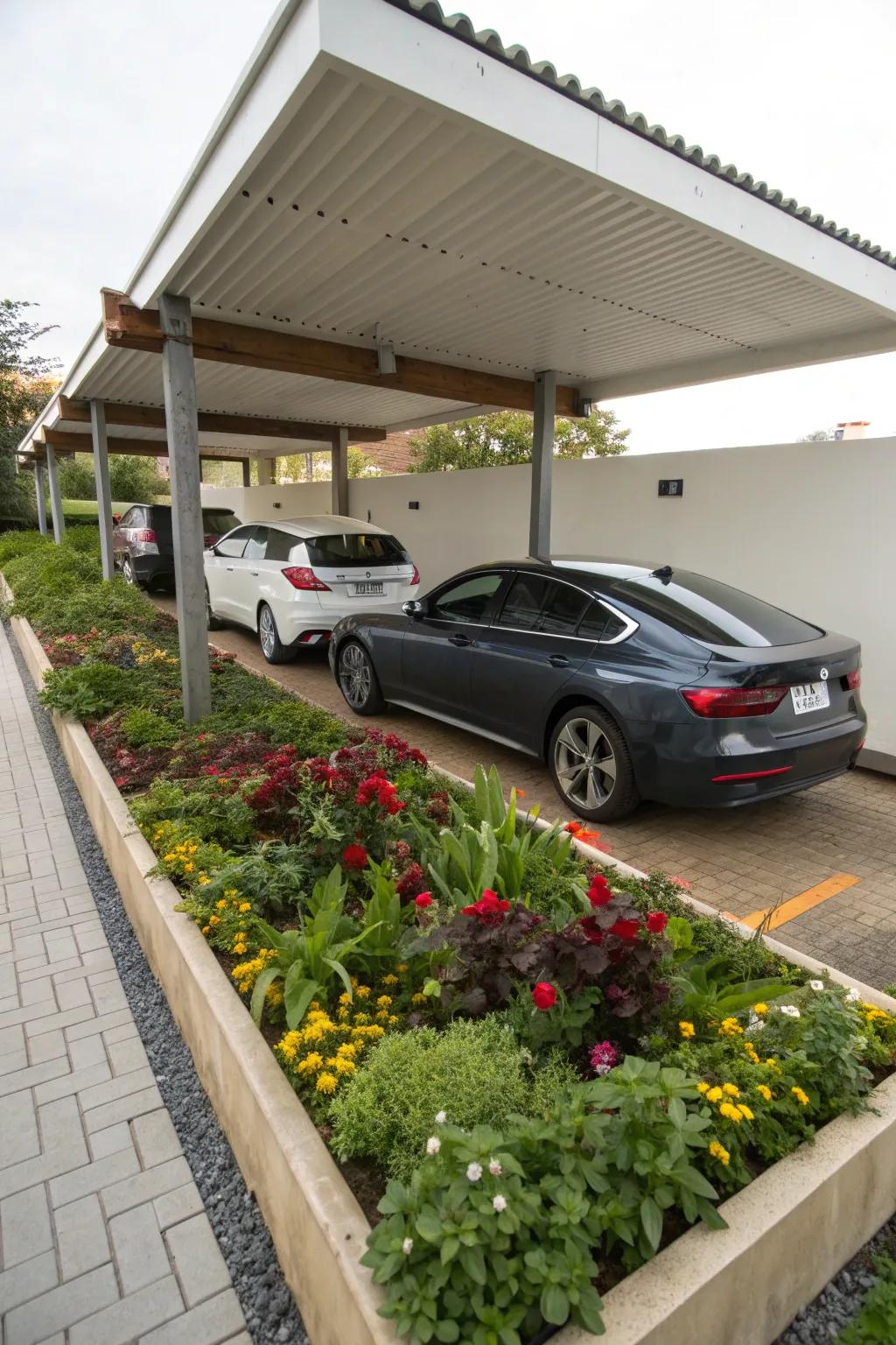 A serene carport with a lush integrated garden bed.