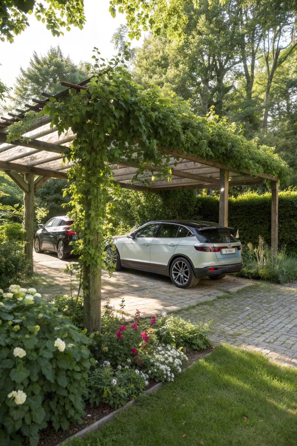 A pergola-style carport that blends with the garden.