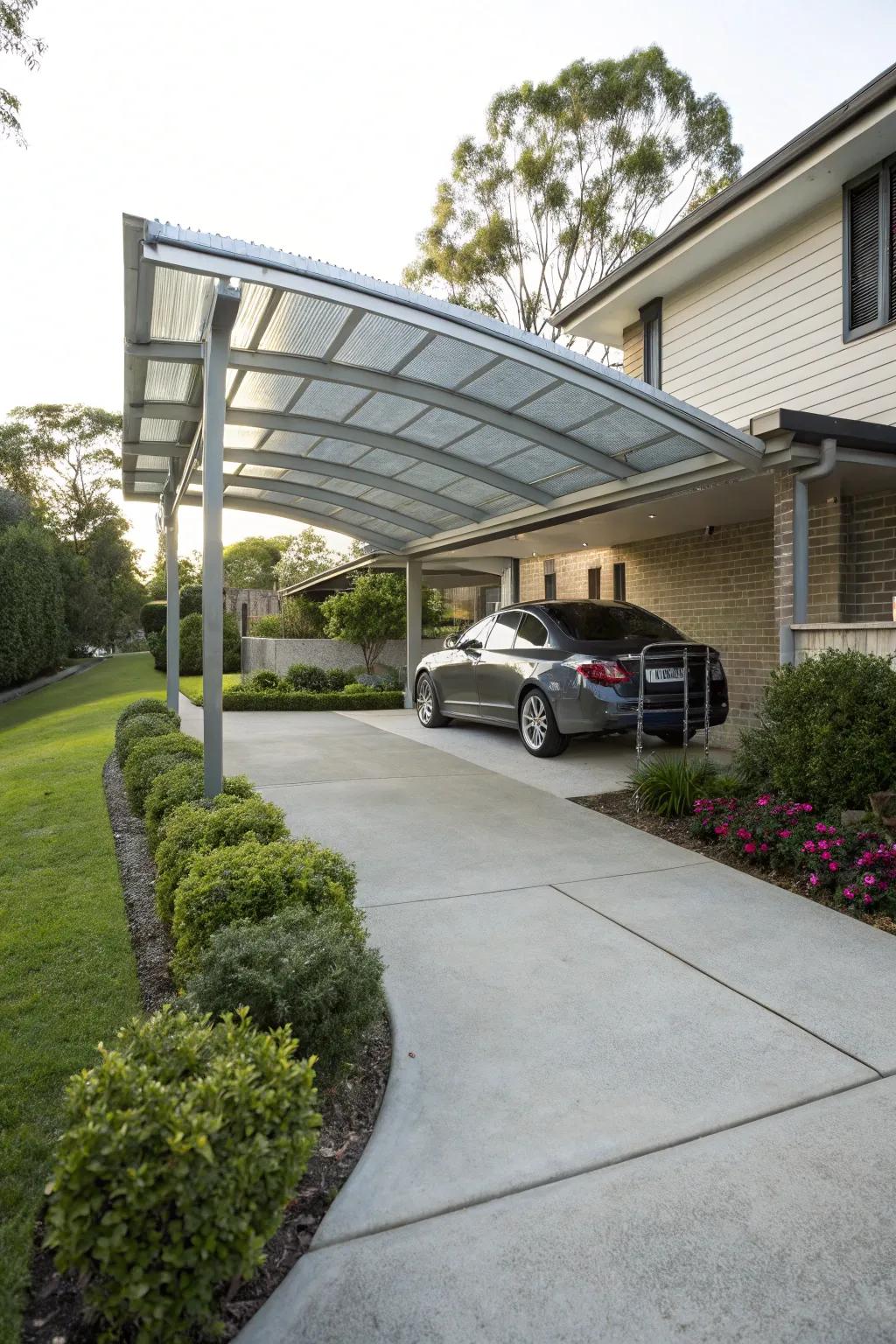 A sleek metal canopy carport fits seamlessly into a modern home.