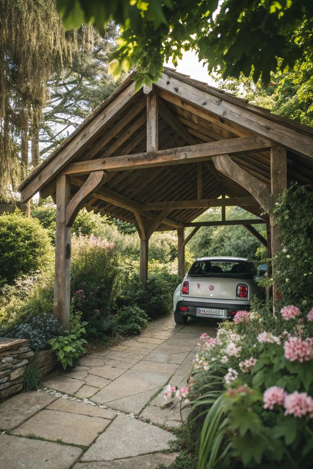 A charming wooden frame carport nestled in a lush garden.