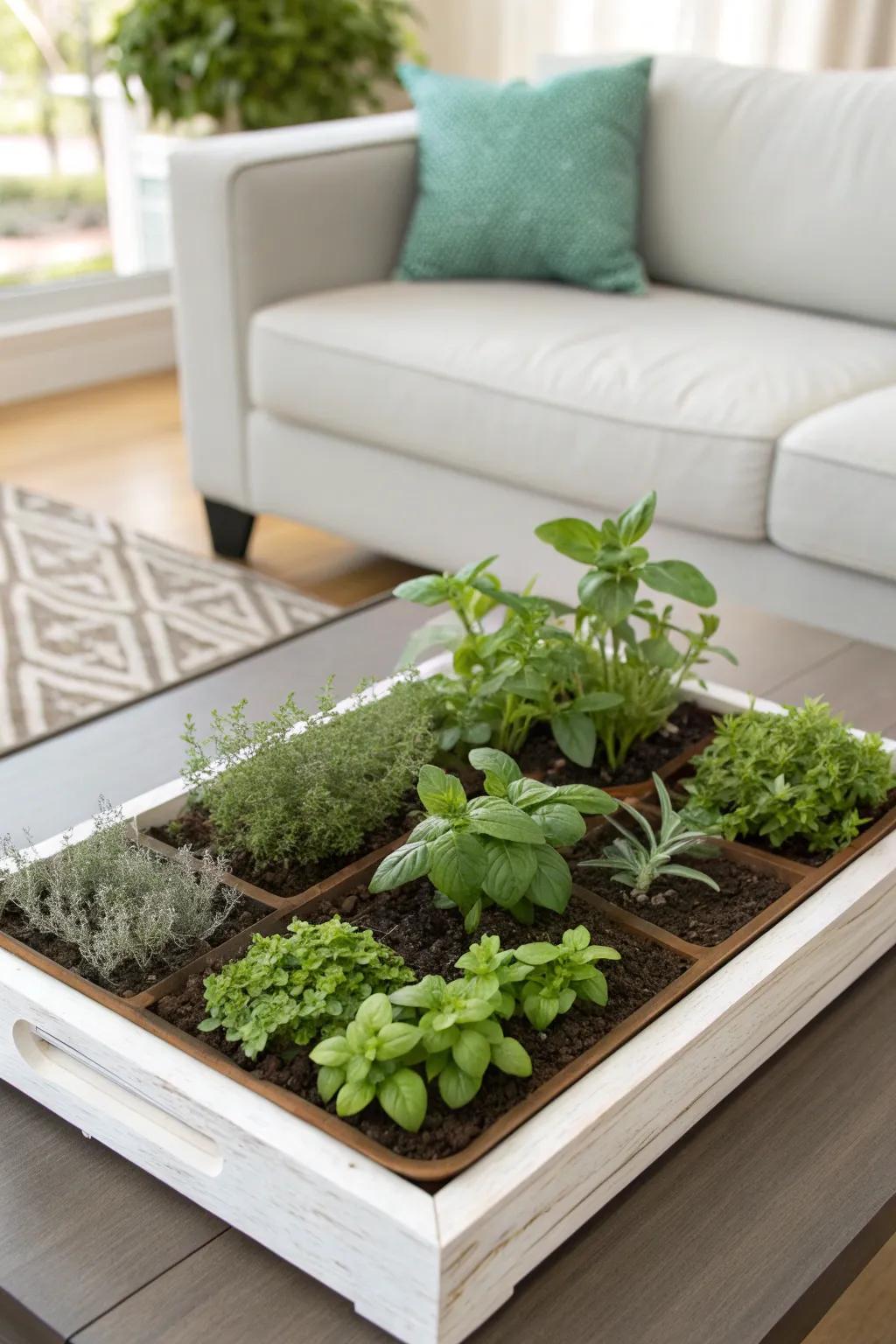 A compact dish garden showcasing an array of herbs, ideal for small spaces.