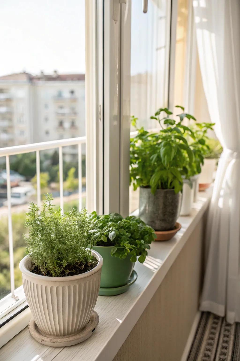 Herbs enjoying the view and sunlight from a windowsill overlooking a balcony.