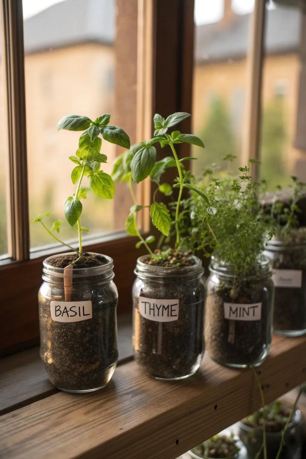 Mason jars turned into delightful herb planters, perfect for a rustic touch.