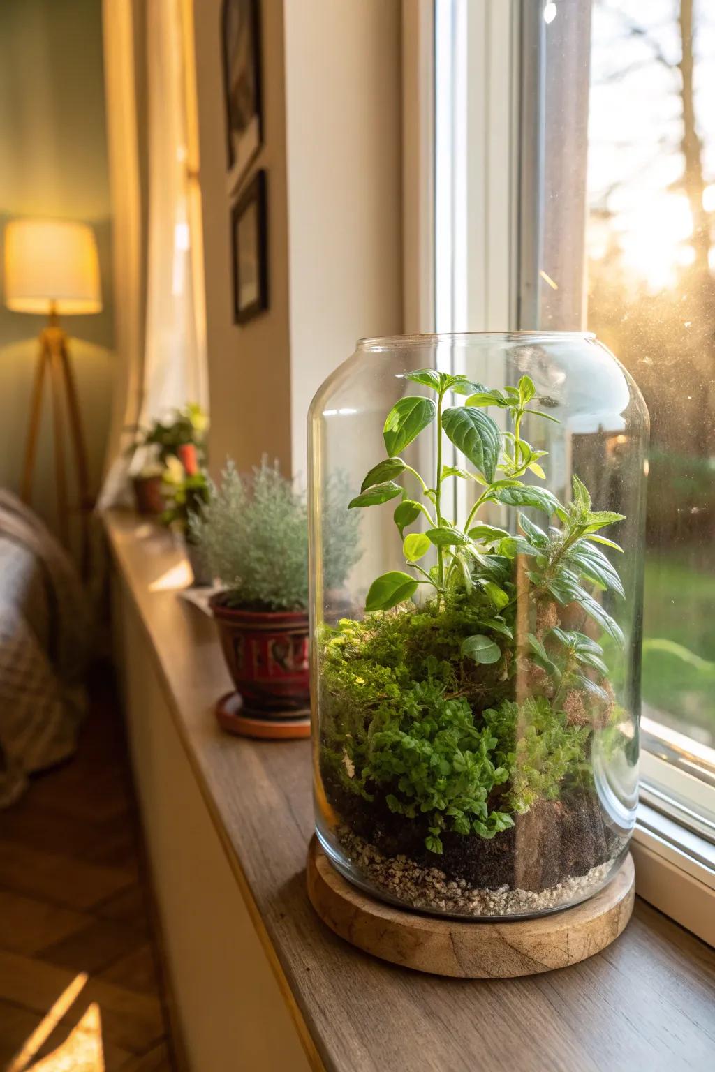 A mini terrarium featuring a self-sustaining herb garden, adding a natural touch to any space.